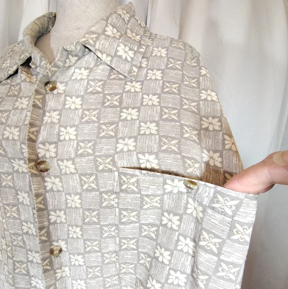 Visitor Silk Button-Down Shirt, Collar, Pocket, Beige-Ivory Design, Lghtwght, 2X - Picture 7 of 10